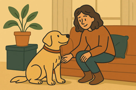 Human greeting dog with gentle touch in the morning