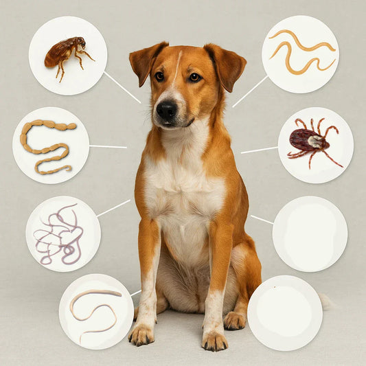 Infographic showing a medium-sized mixed-breed dog surrounded by white circular images of common parasites including fleas, ticks, heartworms, tapeworms, roundworms, hookworms, and whipworms.