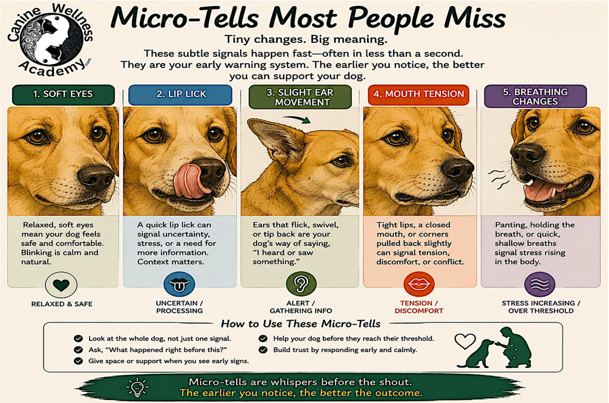 An educational infographic poster titled 'Micro-Tells Most People Miss' by the Caine Wellness Academy, featuring four illustrated stages of a dog's subtle warning signs (soft eyes, lip lick, slight ear movement, mouth tension) with diagrams and text on how to interpret them.